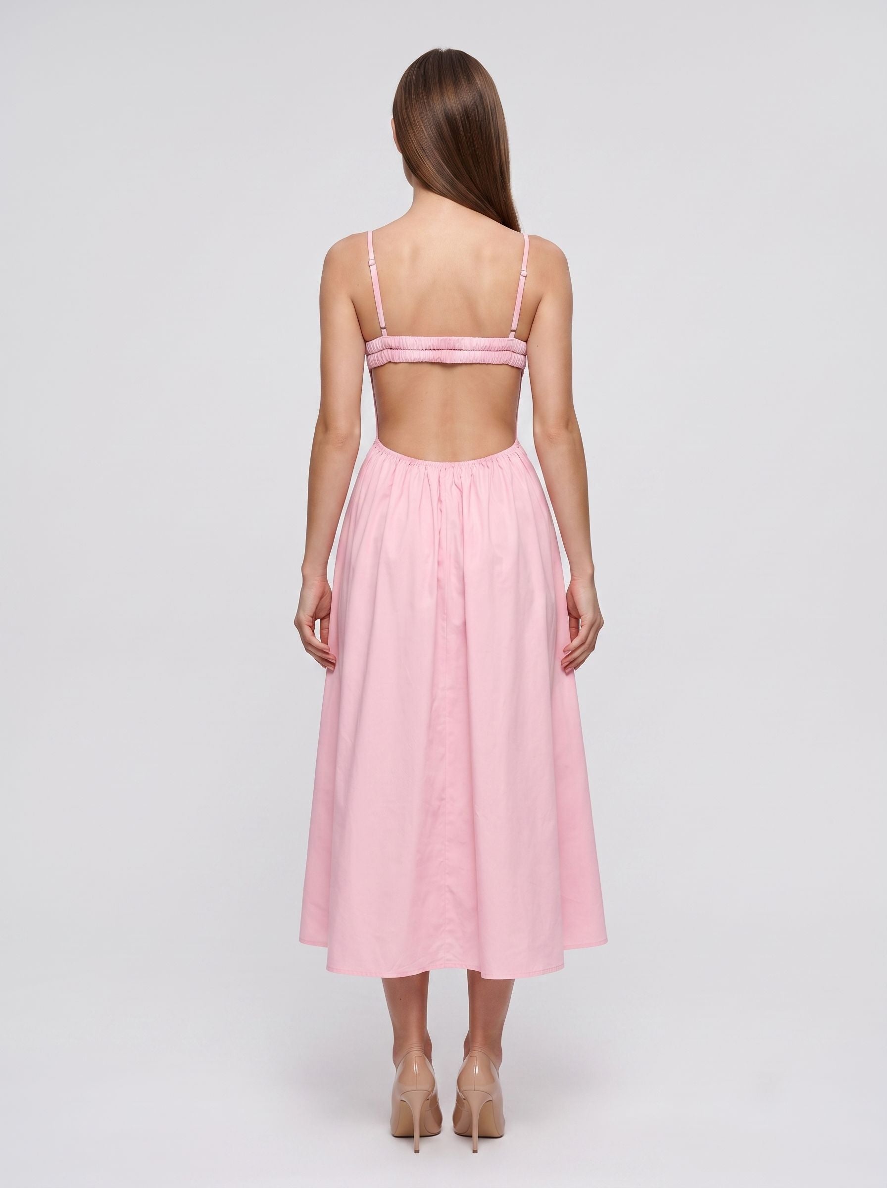 Petal Stretch Knit A-Line V-Neck Backless Midi Dress with Twist Bust Detail and Pockets - Curvevia
