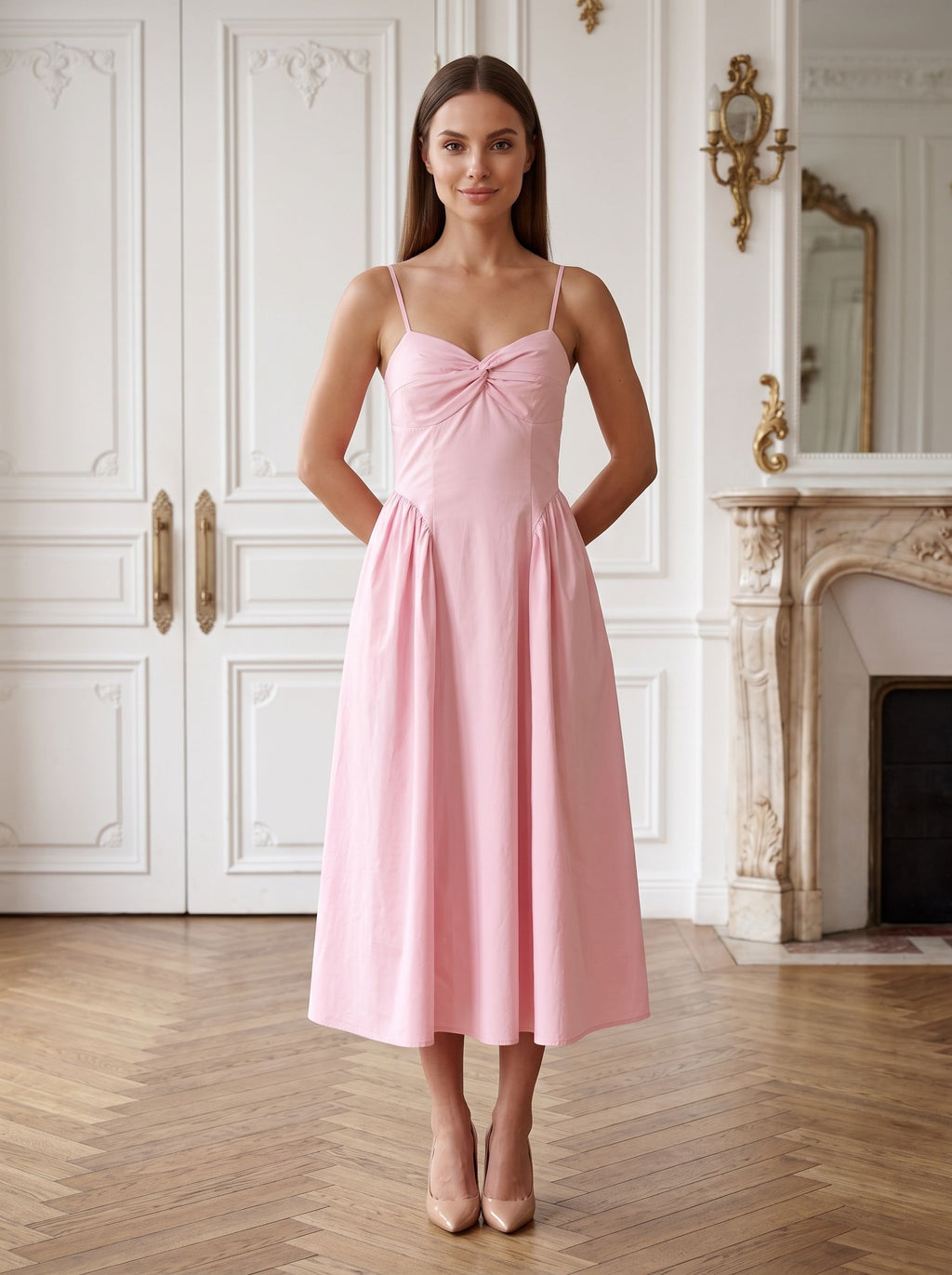 Petal Stretch Knit A-Line V-Neck Backless Midi Dress with Twist Bust Detail and Pockets - Curvevia