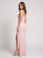 Petal Stretch Knit Sheath Straight Neck Back Zip Floor-Length Dress with Beading & Side Slit - Curvevia