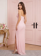 Petal Stretch Knit Sheath Straight Neck Back Zip Floor-Length Dress with Beading & Side Slit - Curvevia