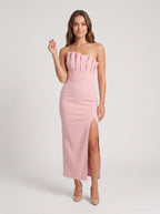 Petal Matte Satin Sheath Straight Neck Back Zip Midi Dress with Asymmetrical Pleated Bodice - Curvevia