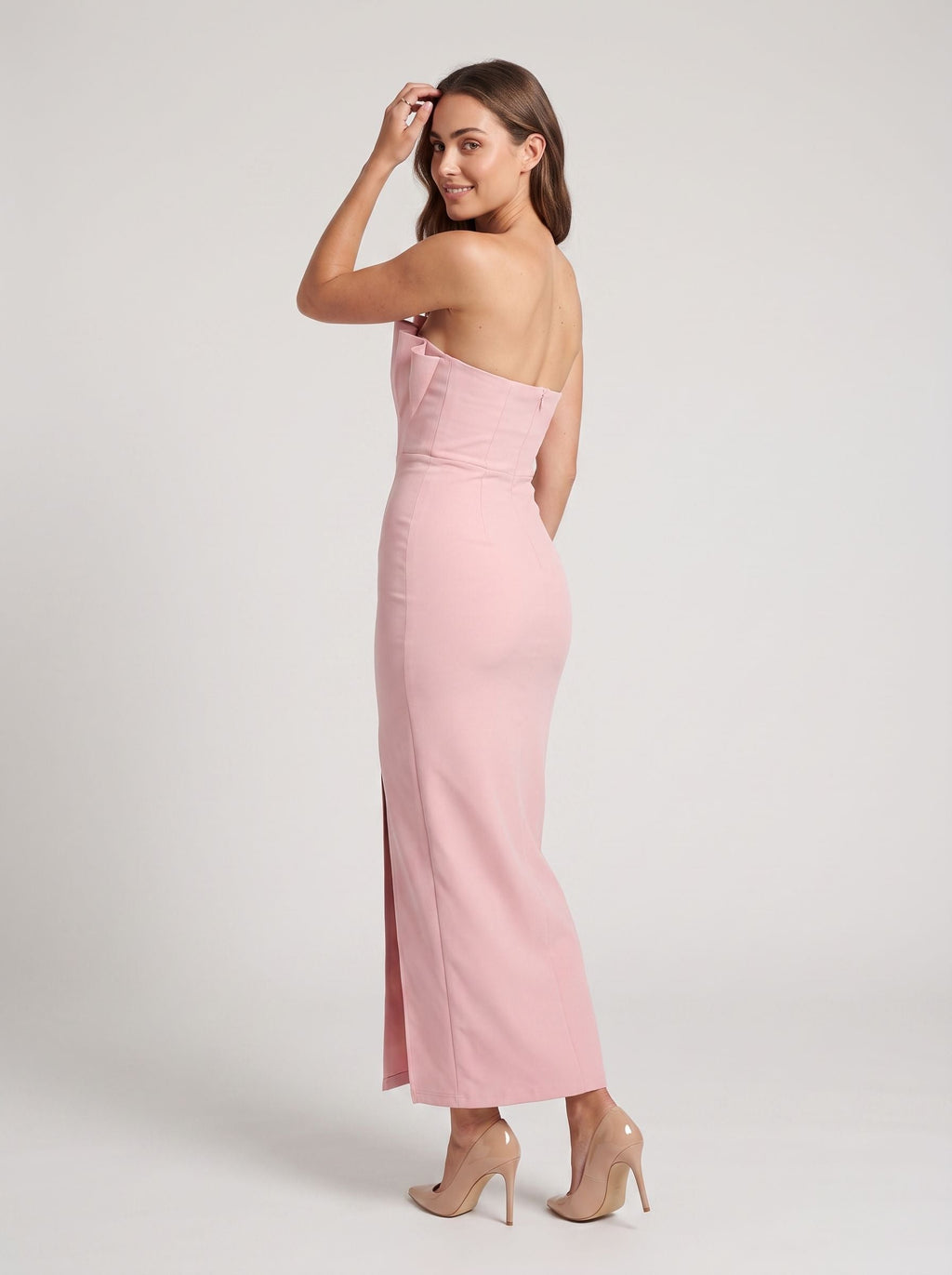 Petal Matte Satin Sheath Straight Neck Back Zip Midi Dress with Asymmetrical Pleated Bodice - Curvevia