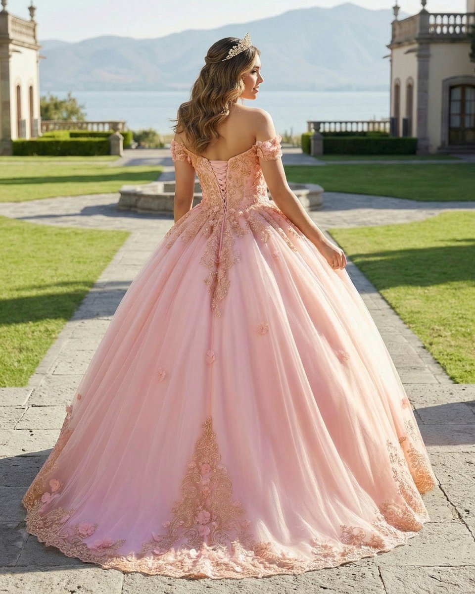 Pink Off The Shoulder Embroidered Lace Ball Gown Quinceanera Dresses - Curvevia