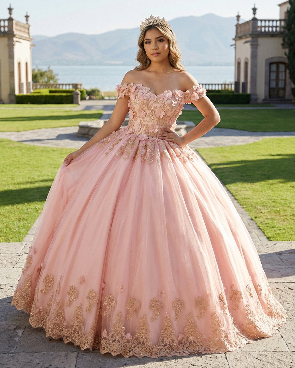Pink Off The Shoulder Embroidered Lace Ball Gown Quinceanera Dresses - Curvevia