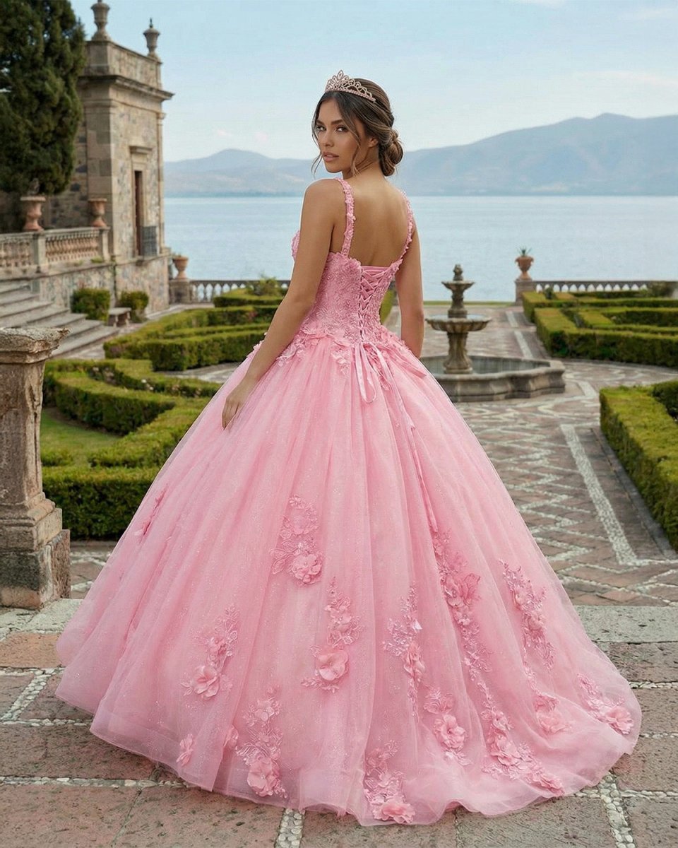 Pink Tulle Floral Appliques Sweetheart Lace-Up Quinceanera Dress - Curvevia