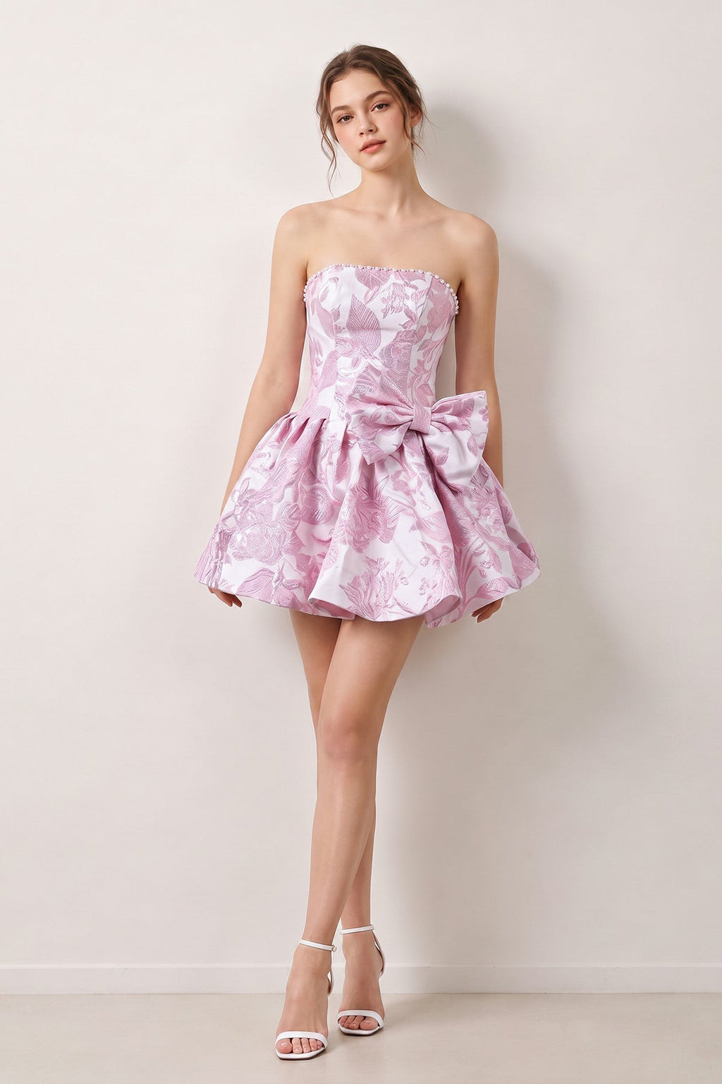 Blue Flower Jacquard Strapless A-Line Bowknot Homecoming Dress With Pearl - Curvevia