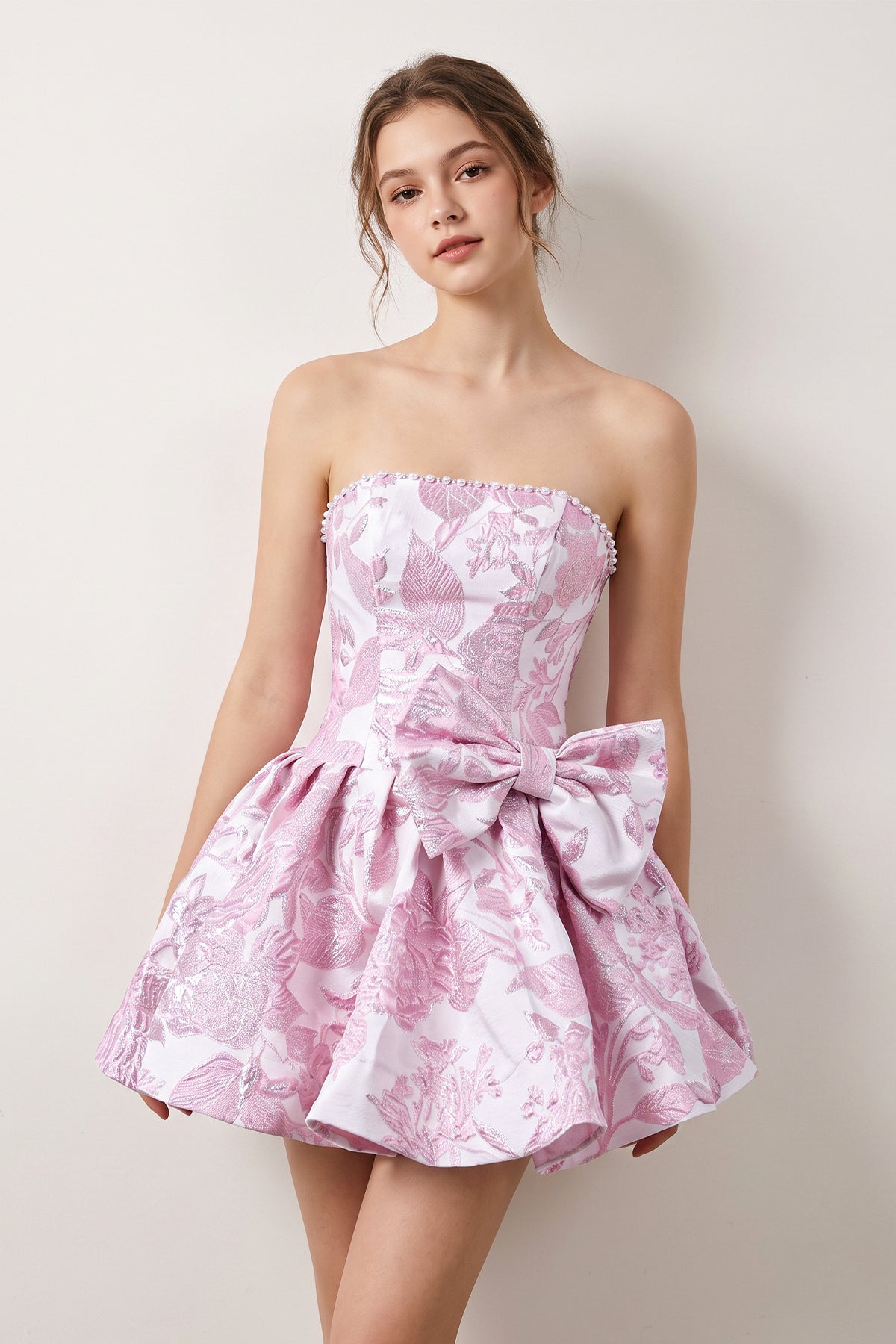 Blue Flower Jacquard Strapless A-Line Bowknot Homecoming Dress With Pearl - Curvevia