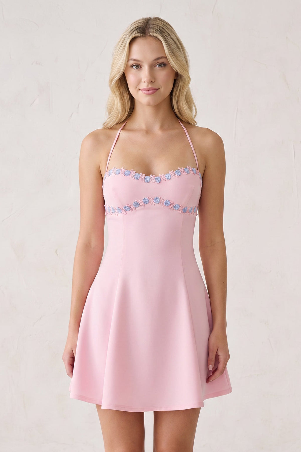 Pink Halter A-Line Embroidery Satin Short Wedding Guest Dress - Curvevia