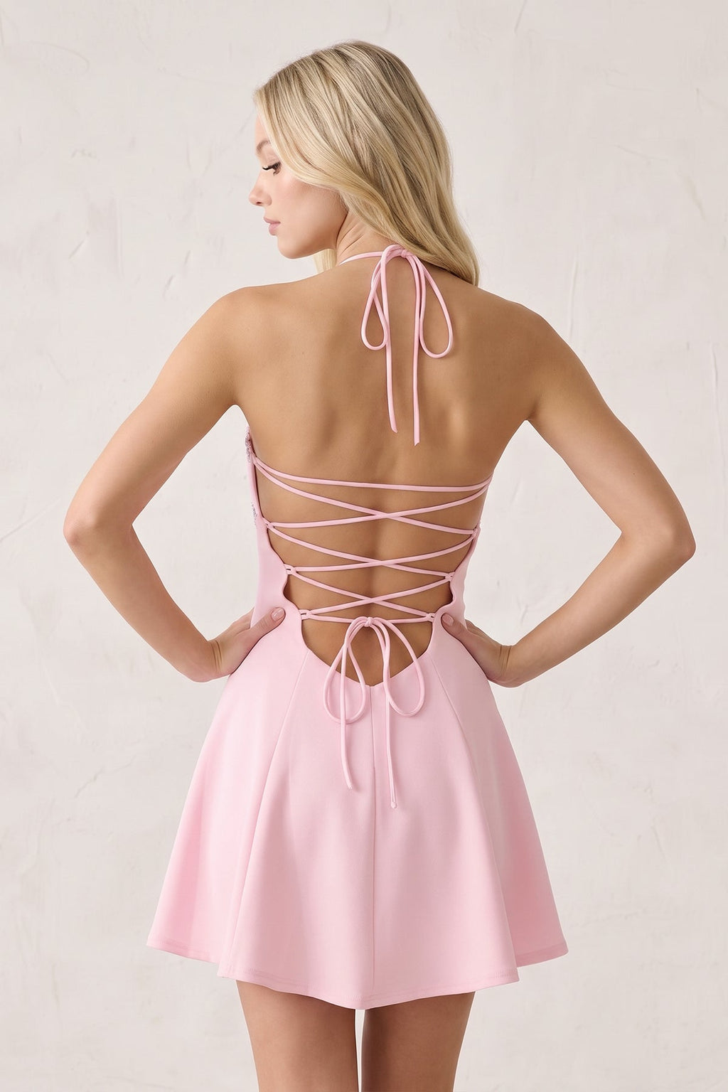 Pink Halter A-Line Embroidery Satin Short Wedding Guest Dress - Curvevia