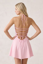 Pink Halter A-Line Embroidery Satin Short Wedding Guest Dress - Curvevia