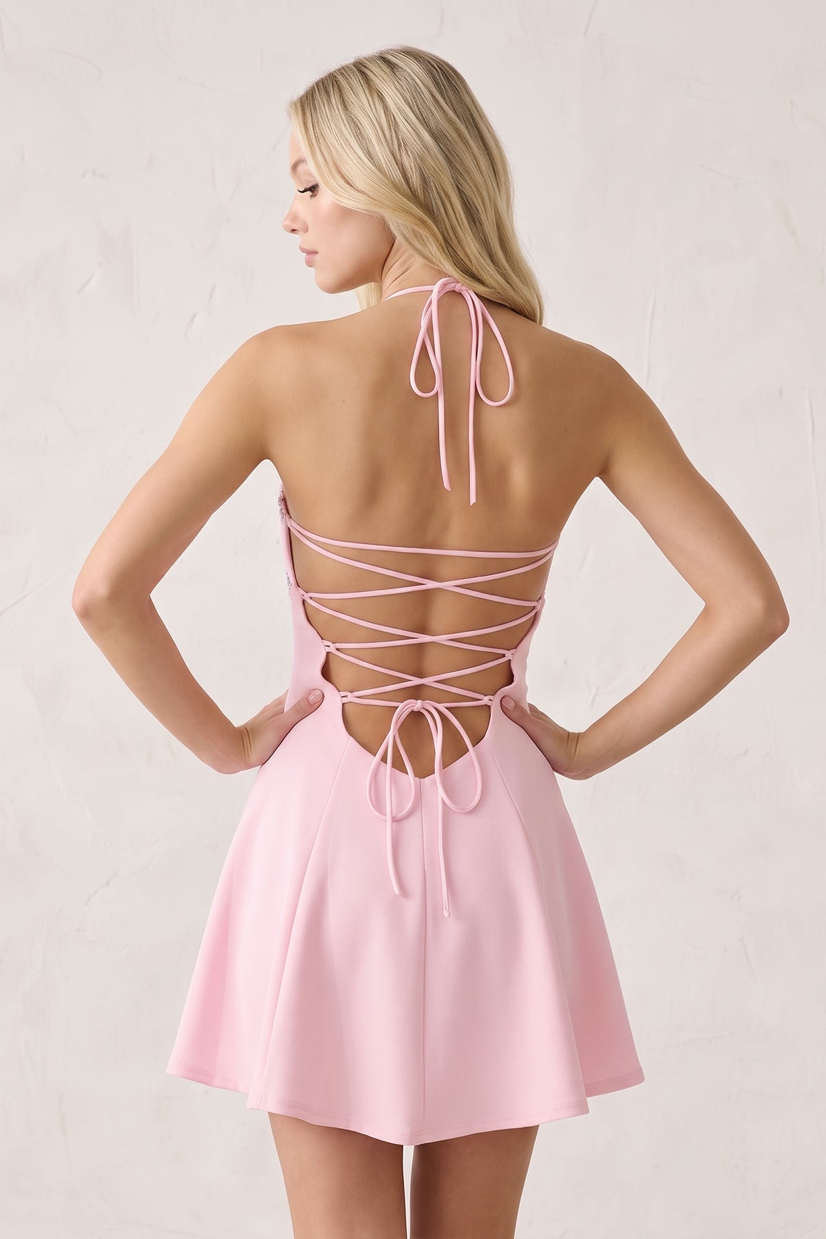 Pink Halter A-Line Embroidery Satin Short Wedding Guest Dress - Curvevia