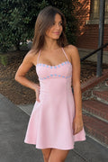 Pink Halter A-Line Embroidery Satin Short Wedding Guest Dress - Curvevia