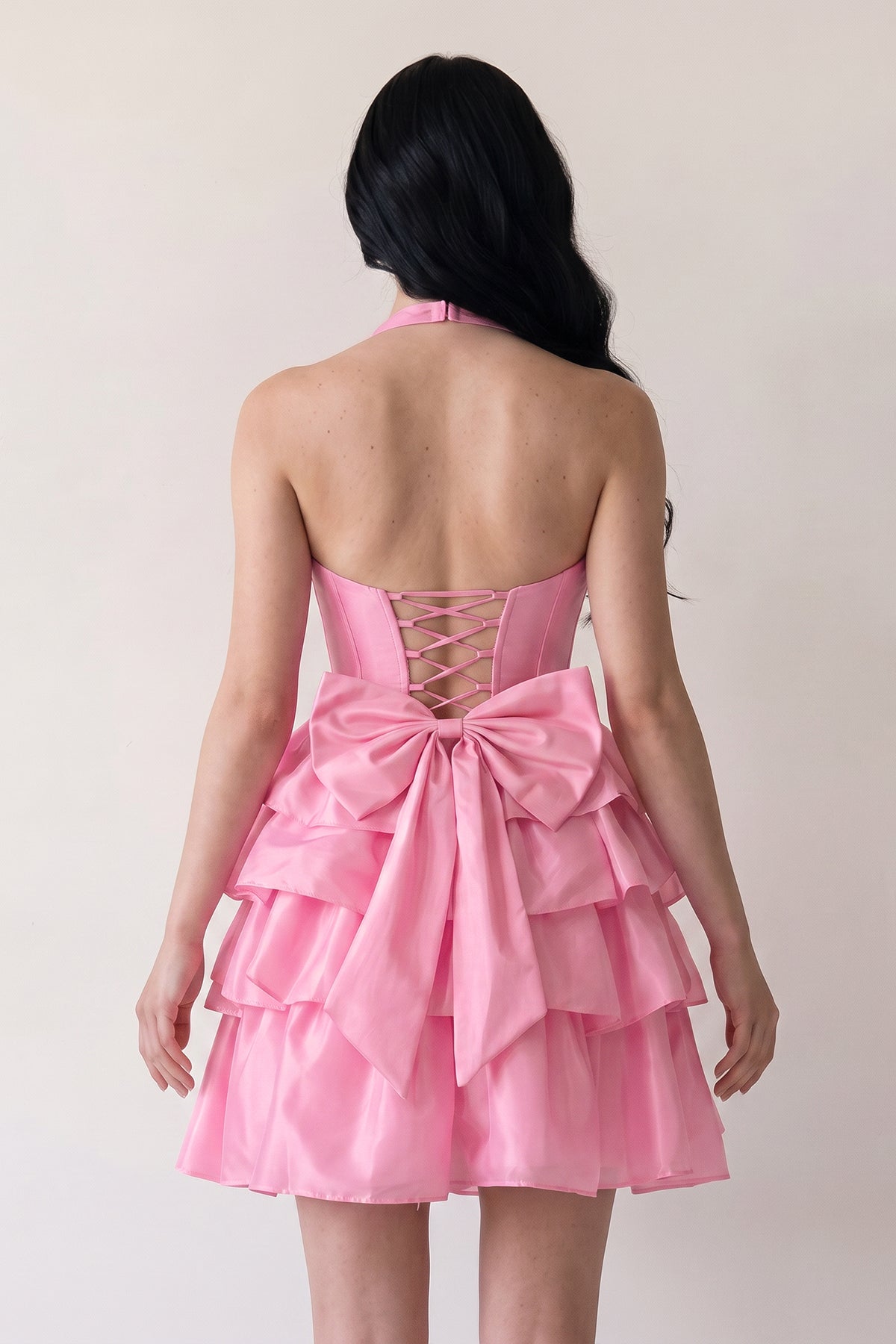 Yellow - Halter A Line Ruffles Satin Wedding Guest Dress With Bow - Curvevia