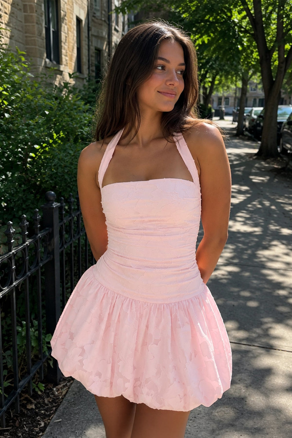 Pink Halter Jacquard Chiffon A-Line Wedding Guest Dress - Curvevia