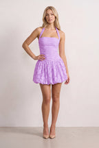 Pink Halter Jacquard Chiffon A-Line Wedding Guest Dress - Curvevia