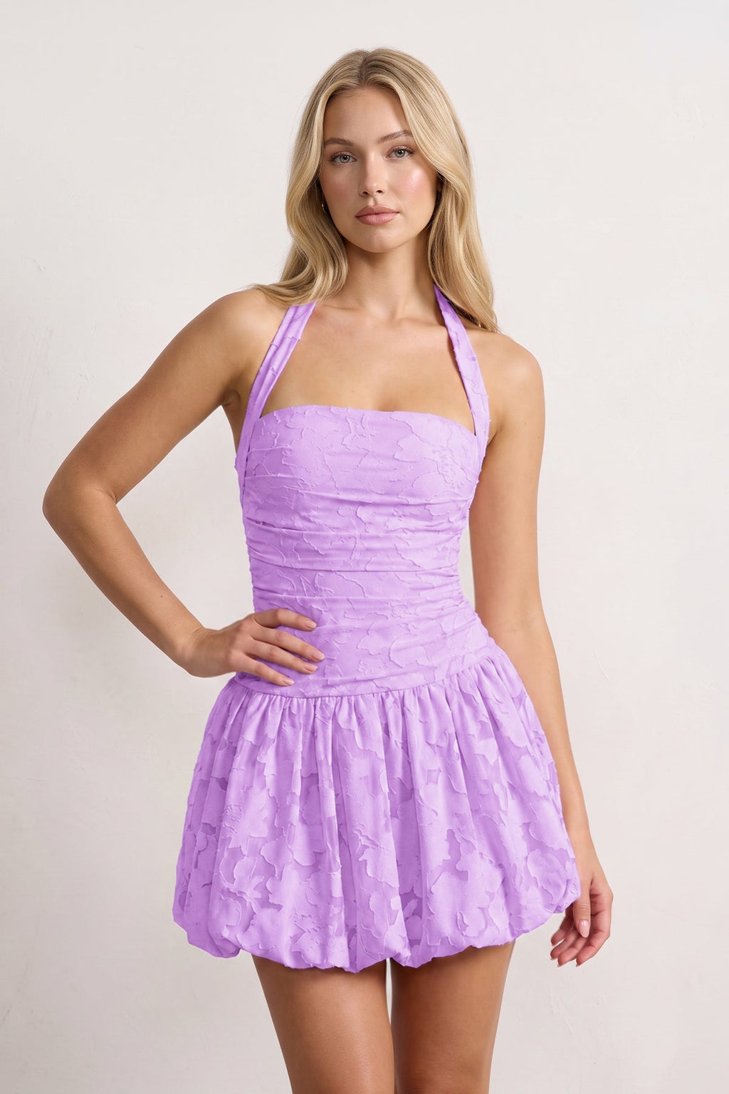 Pink Halter Jacquard Chiffon A-Line Wedding Guest Dress - Curvevia