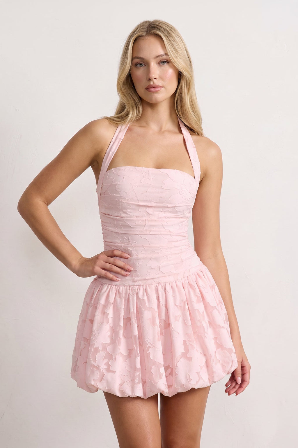 Pink Halter Jacquard Chiffon A-Line Wedding Guest Dress - Curvevia