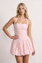 Pink Halter Jacquard Chiffon A-Line Wedding Guest Dress - Curvevia