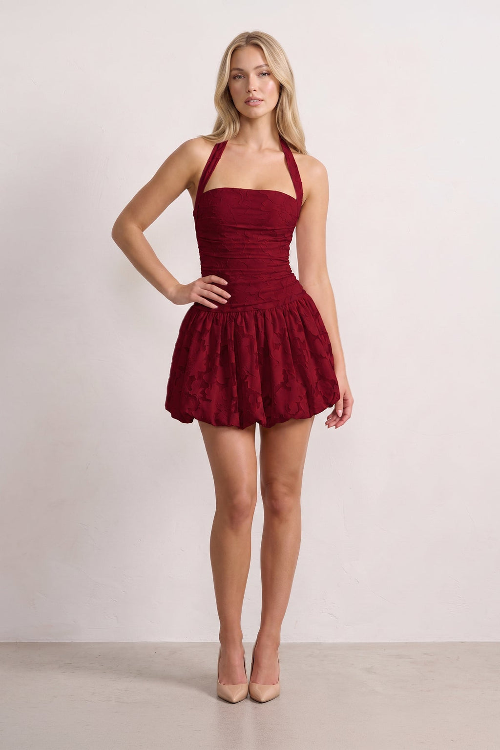 Pink Halter Jacquard Chiffon A-Line Wedding Guest Dress - Curvevia