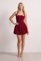 Pink Halter Jacquard Chiffon A-Line Wedding Guest Dress - Curvevia