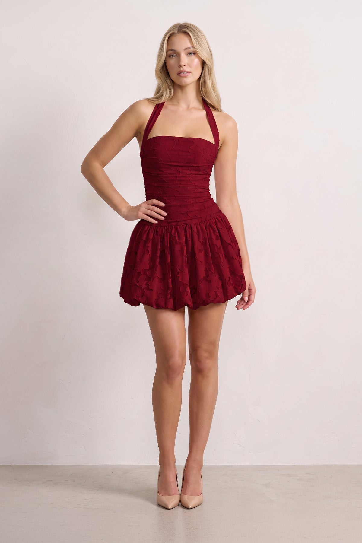 Pink Halter Jacquard Chiffon A-Line Wedding Guest Dress - Curvevia