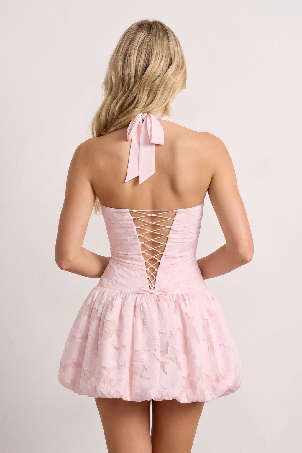 Pink Halter Jacquard Chiffon A-Line Wedding Guest Dress - Curvevia