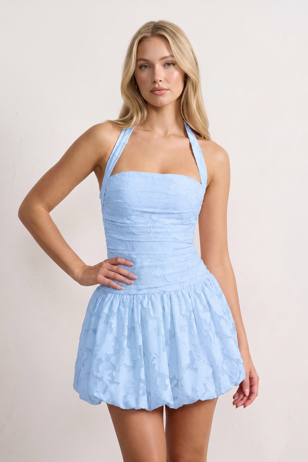 Pink Halter Jacquard Chiffon A-Line Wedding Guest Dress - Curvevia