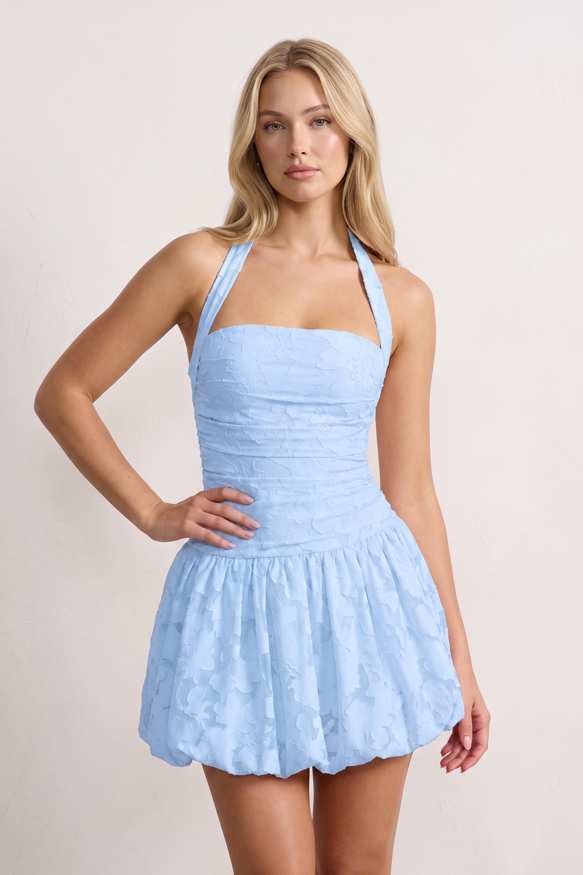 Pink Halter Jacquard Chiffon A-Line Wedding Guest Dress - Curvevia