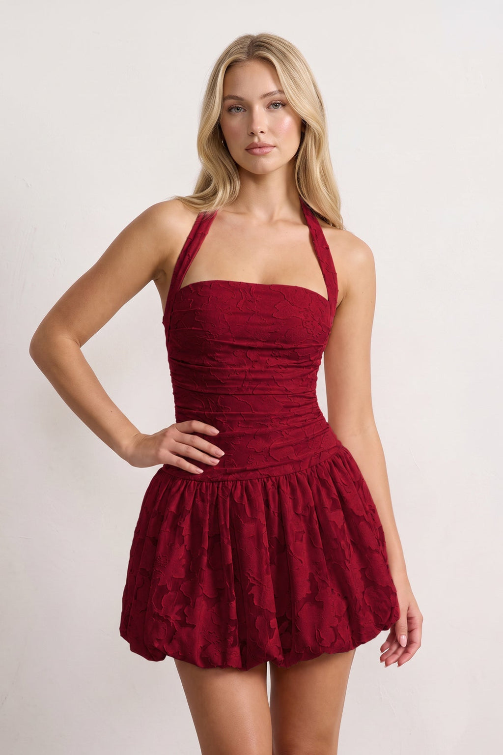 Pink Halter Jacquard Chiffon A-Line Wedding Guest Dress - Curvevia
