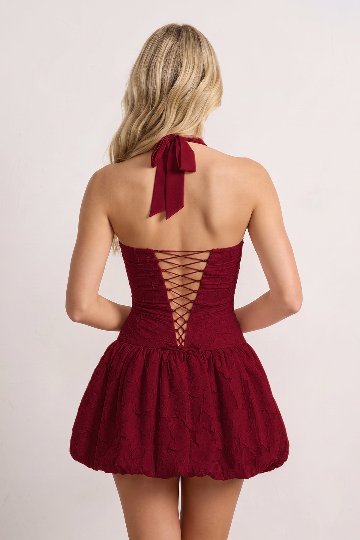 Pink Halter Jacquard Chiffon A-Line Wedding Guest Dress - Curvevia