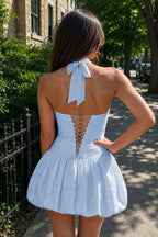 Pink Halter Jacquard Chiffon A-Line Wedding Guest Dress - Curvevia