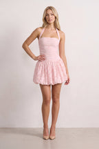 Pink Halter Jacquard Chiffon A-Line Wedding Guest Dress - Curvevia