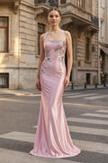 Pink Halter Mermaid Floral Satin Long Prom Dresses With Beading - Curvevia