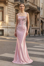 Pink Halter Mermaid Floral Satin Long Prom Dresses With Beading - Curvevia