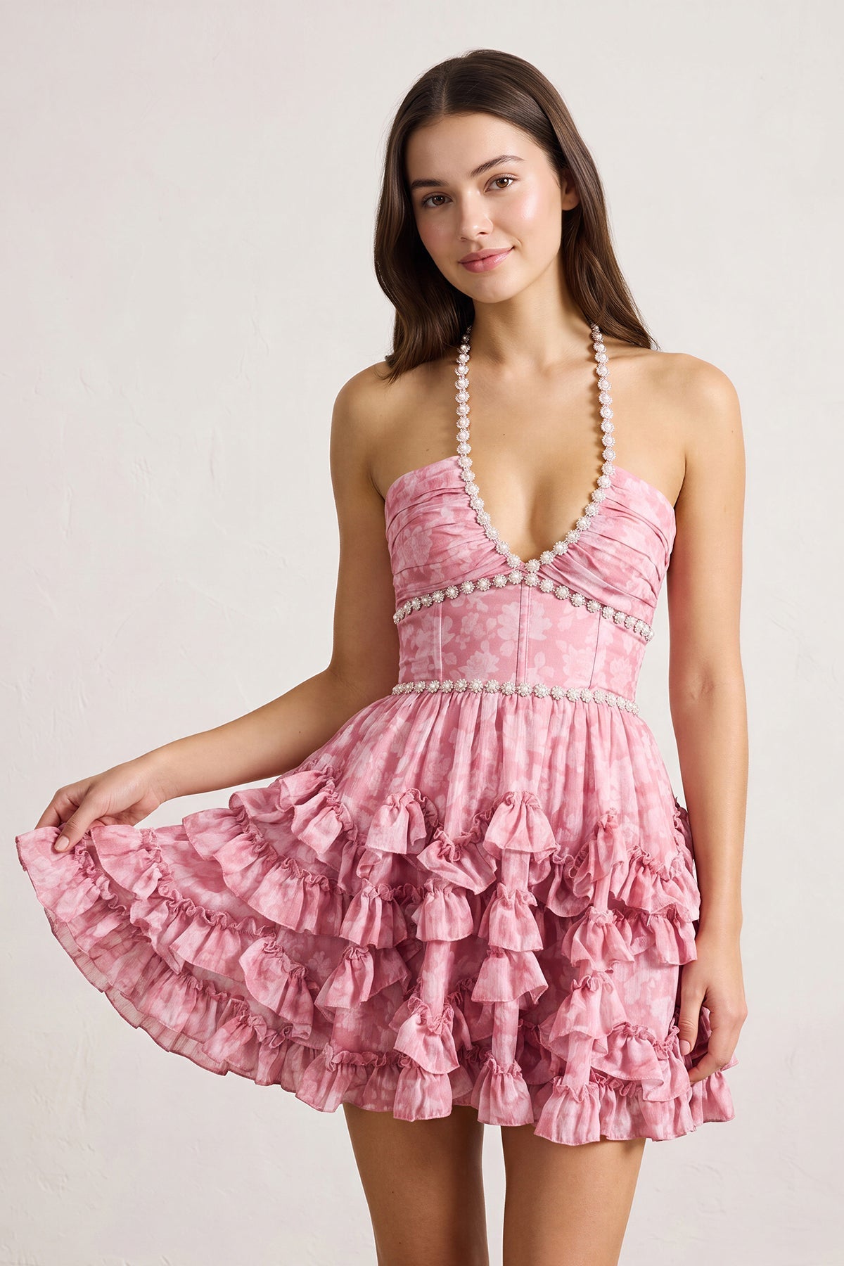 Pink Halter Pearl Floral Printed Chiffon A-Line Ruffled Wedding Guest Dress - Curvevia