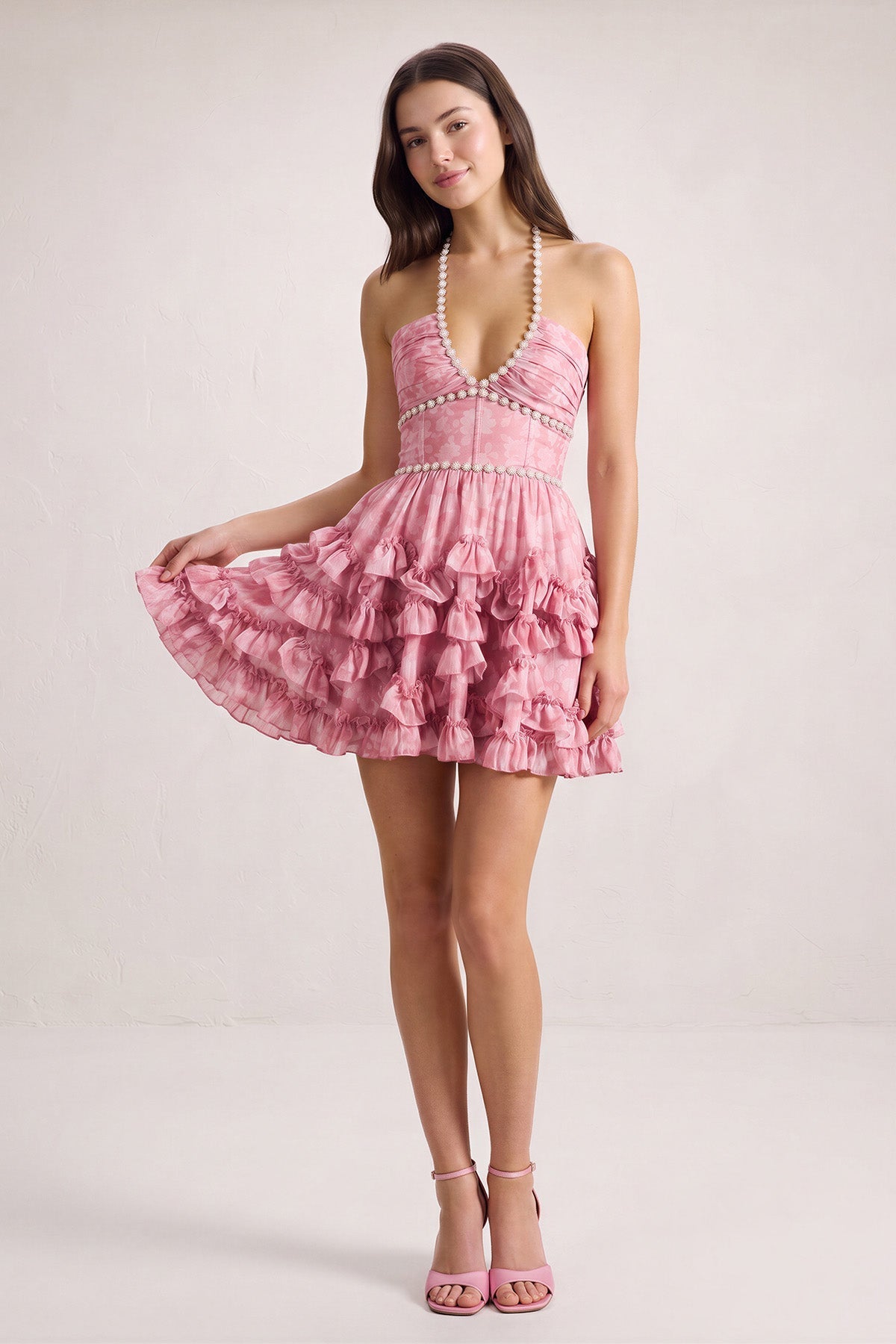 Pink Halter Pearl Floral Printed Chiffon A-Line Ruffled Wedding Guest Dress - Curvevia
