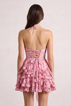 Pink Halter Pearl Floral Printed Chiffon A-Line Ruffled Wedding Guest Dress - Curvevia