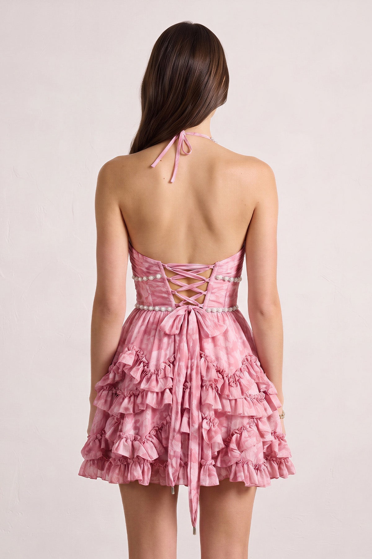 Pink Halter Pearl Floral Printed Chiffon A-Line Ruffled Wedding Guest Dress - Curvevia