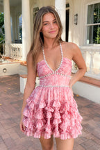 Pink Halter Pearl Floral Printed Chiffon A-Line Ruffled Wedding Guest Dress - Curvevia