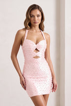Pink Halter Sheath Cut-Out Mini Satin Homecoming Dress With Pearl - Curvevia