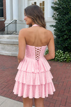 Yellow Halter Tiered Satin A-Line Corset Homecoming Dress With Pearl - Curvevia