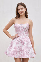 Pink Jacquard A-Line Strapless Corset Homecoming Dress With Pearl - Curvevia