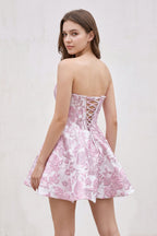 Pink Jacquard A-Line Strapless Corset Homecoming Dress With Pearl - Curvevia