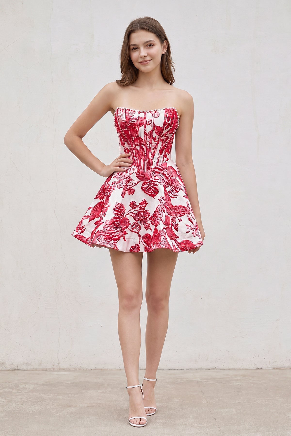 Pink Jacquard A-Line Strapless Corset Homecoming Dress With Pearl - Curvevia