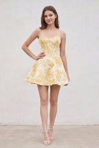Pink Jacquard A-Line Strapless Corset Homecoming Dress With Pearl - Curvevia