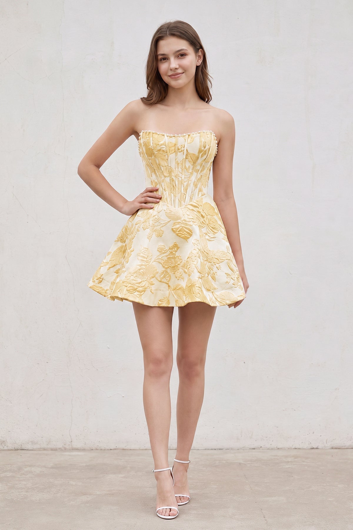 Pink Jacquard A-Line Strapless Corset Homecoming Dress With Pearl - Curvevia