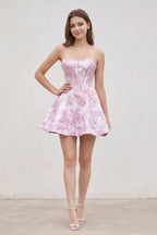 Pink Jacquard A-Line Strapless Corset Homecoming Dress With Pearl - Curvevia