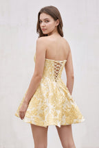 Pink Jacquard A-Line Strapless Corset Homecoming Dress With Pearl - Curvevia