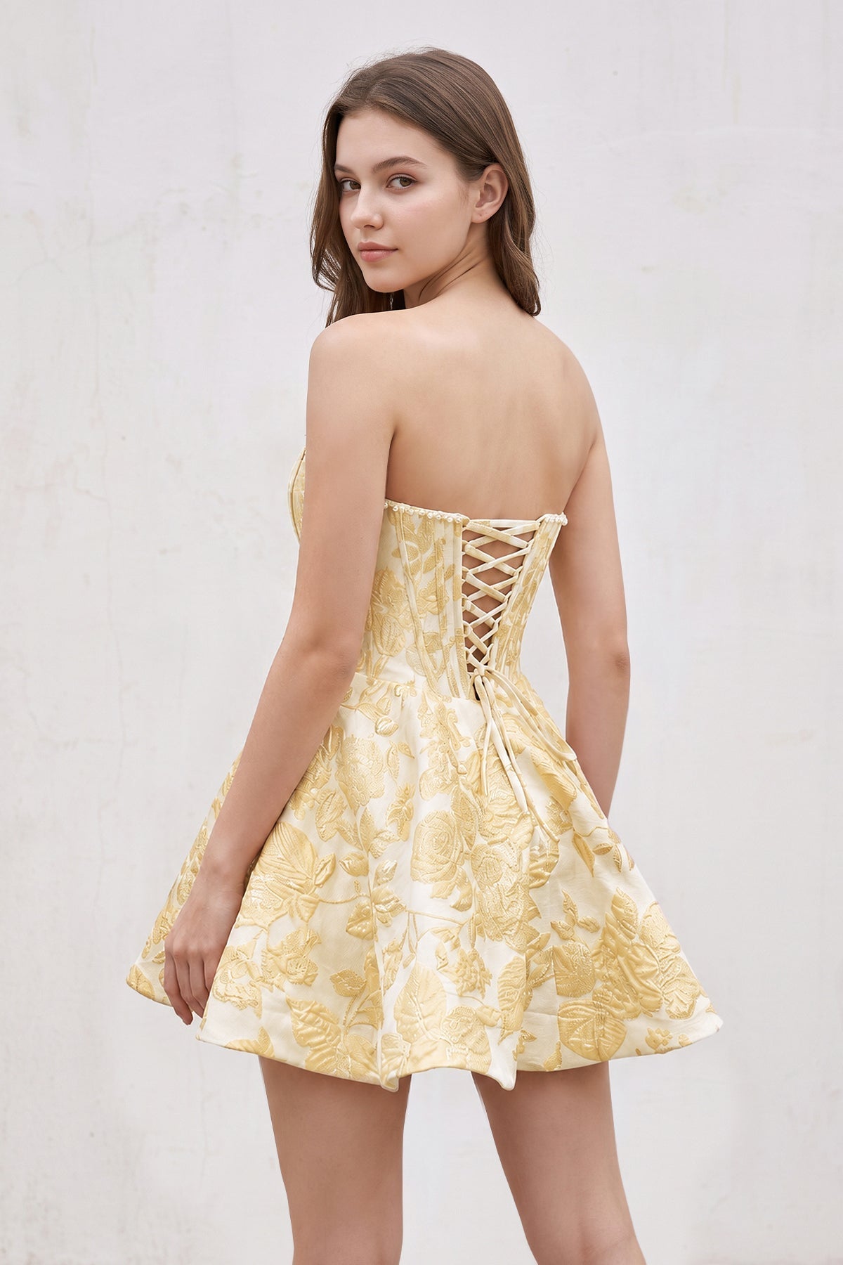 Pink Jacquard A-Line Strapless Corset Homecoming Dress With Pearl - Curvevia