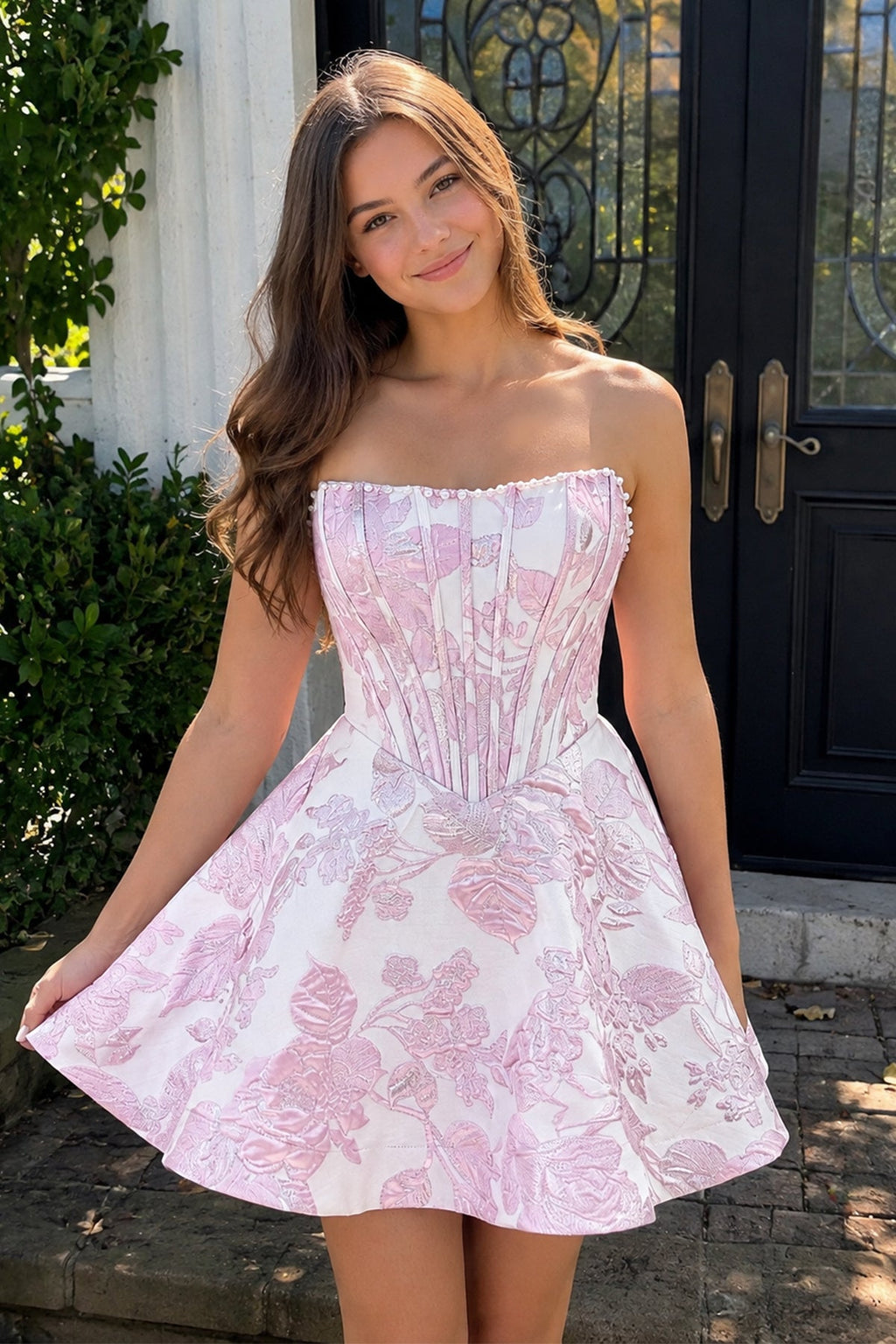 Pink Jacquard A-Line Strapless Corset Homecoming Dress With Pearl - Curvevia